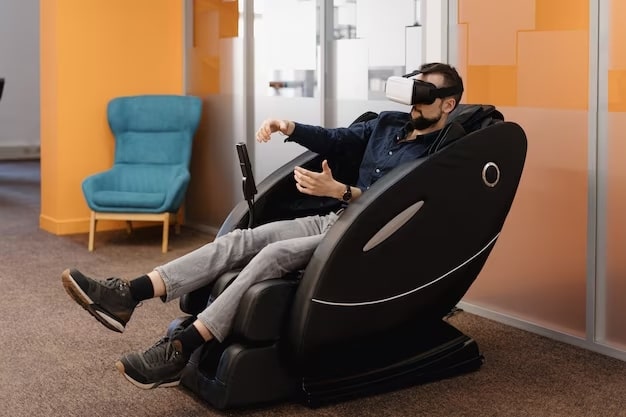 A man wearing a VR headset relaxing on a massage chair