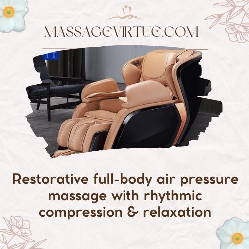 A massage chair with a message about restorative full-body air pressure massage with rhythmic compression and relaxation.