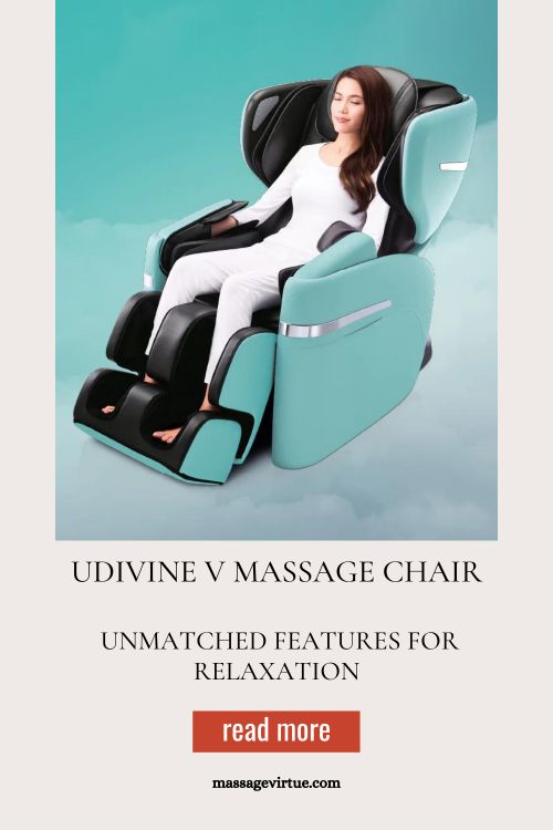 A woman sitting in a blue and black uDivine V massage chair. The chair has a variety of features, including a zero-gravity position, full-body massage, and aromatherapy. The woman is looking relaxed and happy as she enjoys