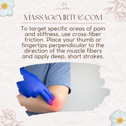 To target specific areas of pain and stiffness, use cross-fiber friction.